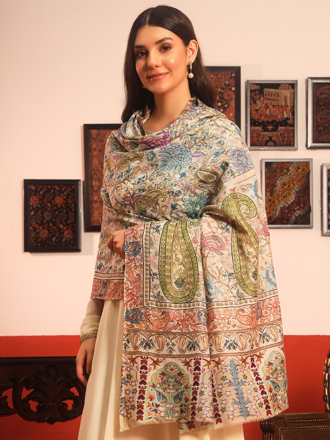 Pashmoda Women Rangkaar Fabric Kalamkari Embroidered Shawl (Size: 101x203 CM)