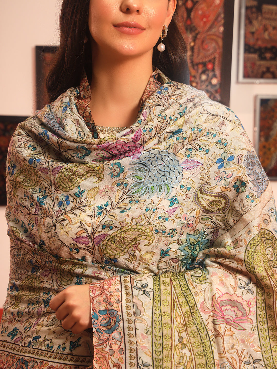 Pashmoda Women Rangkaar Fabric Kalamkari Embroidered Shawl (Size: 101x203 CM)