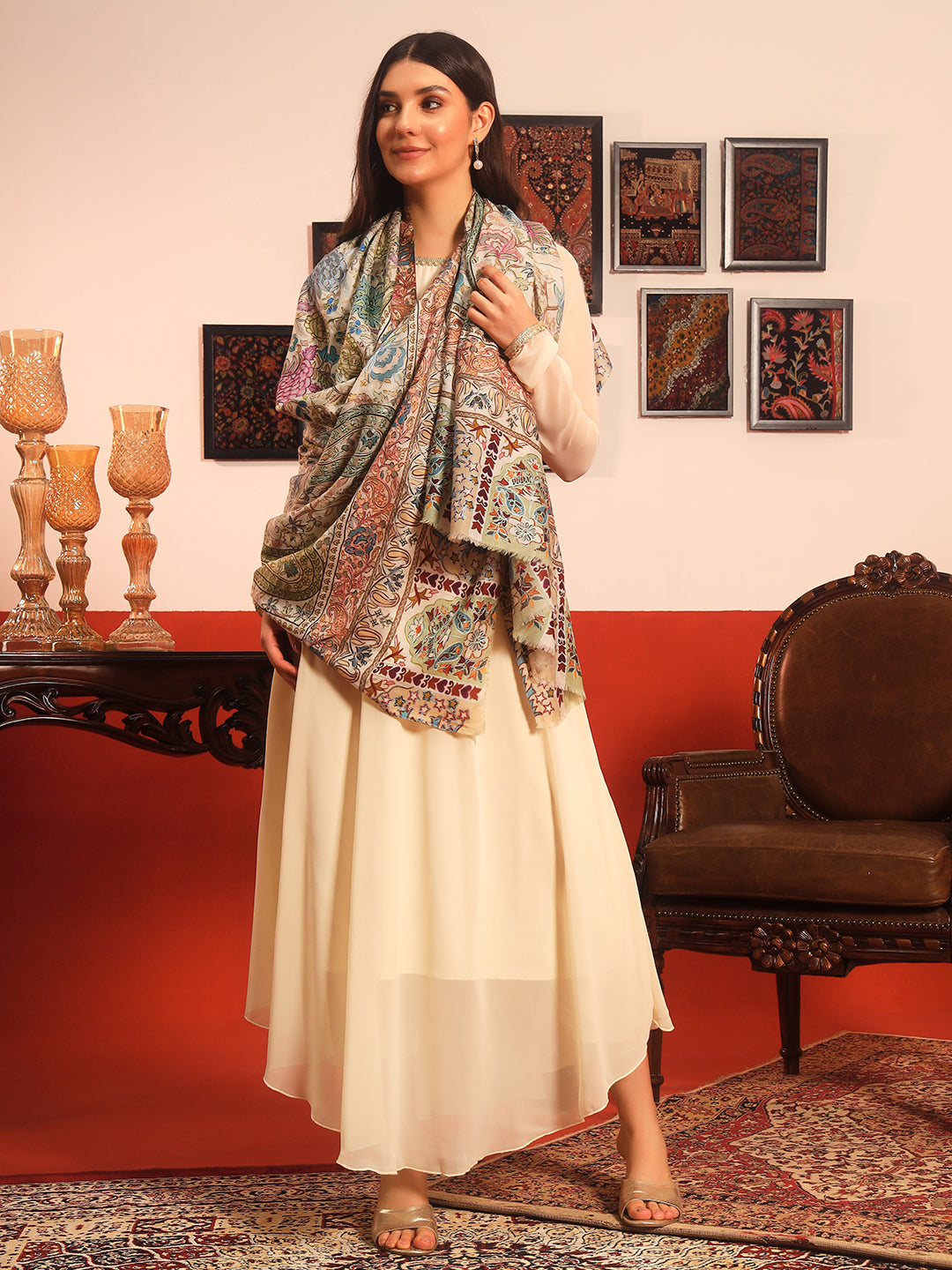 Pashmoda Women Rangkaar Fabric Kalamkari Embroidered Shawl (Size: 101x203 CM)