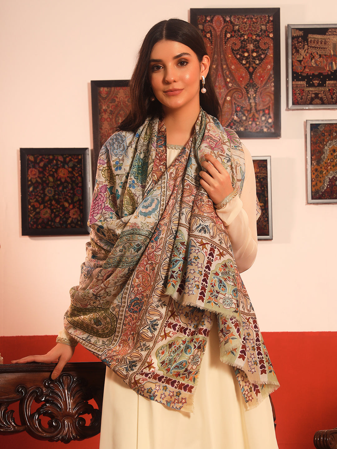 Pashmoda Women Rangkaar Fabric Kalamkari Embroidered Shawl (Size: 101x203 CM)