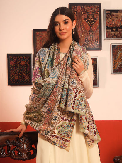 Pashmoda Women Rangkaar Fabric Kalamkari Embroidered Shawl (Size: 101x203 CM)