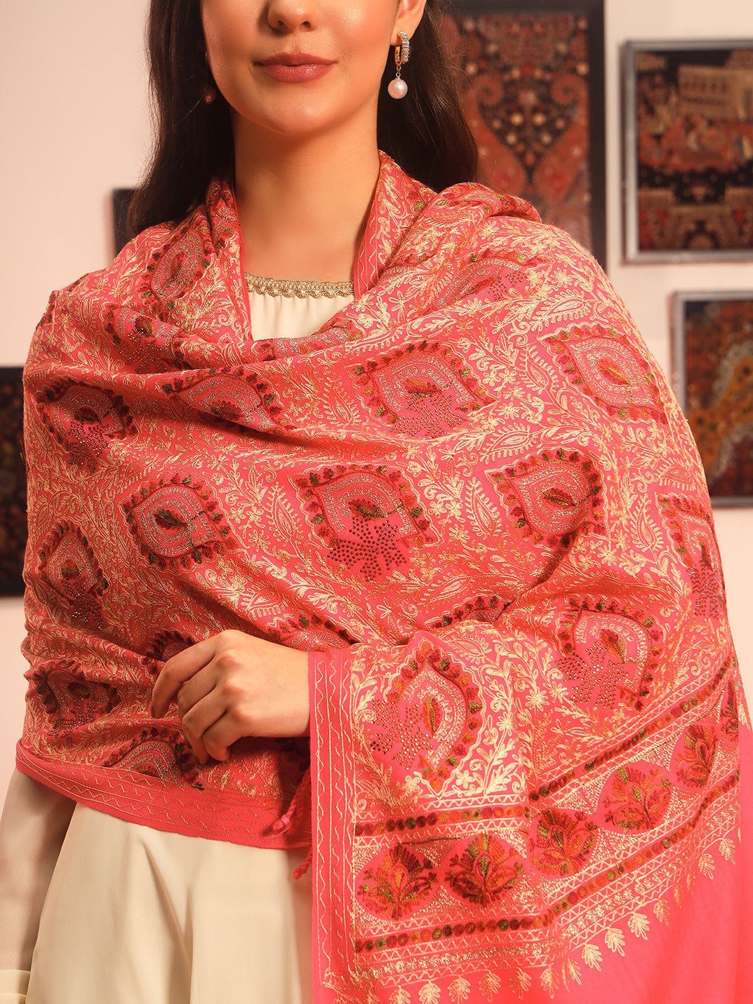 Pashmoda Women Ornate Harmony Fine Wool Nalki Embroidered Stole (Size : 71X203 CM)