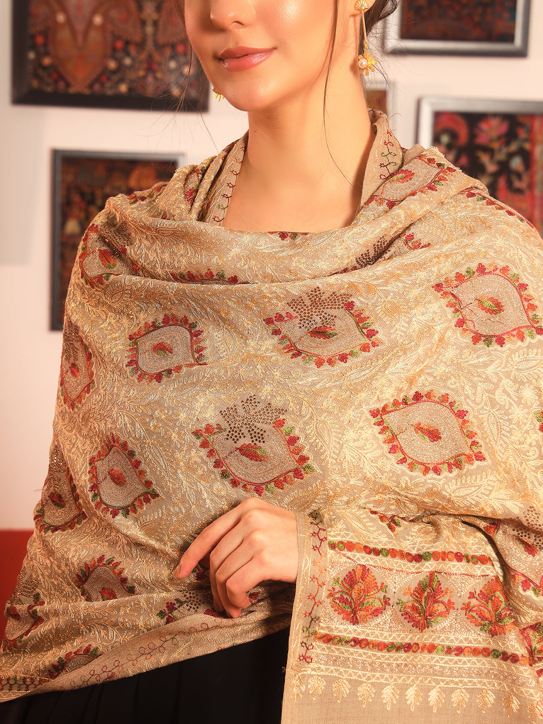 Pashmoda Women Ornate Harmony Fine Wool Nalki Embroidered Stole (Size : 71X203 CM)