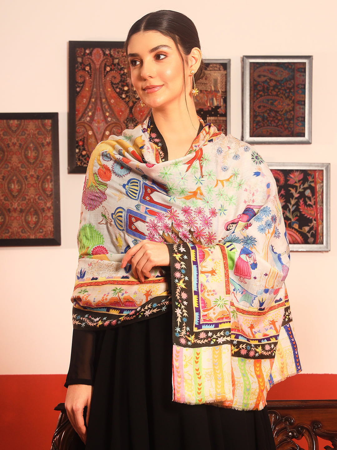 Pashmoda Women Naqshkaar Fabric Kalamkari Embroidered Shawl (Size: 101x203 CM)