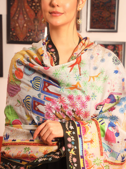 Pashmoda Women Naqshkaar Fabric Kalamkari Embroidered Shawl (Size: 101x203 CM)