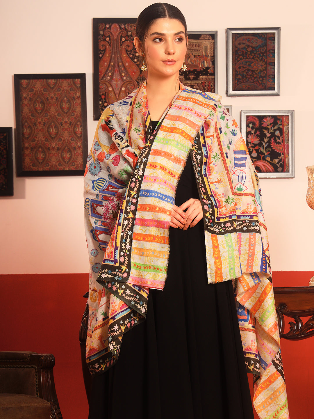 Pashmoda Women Naqshkaar Fabric Kalamkari Embroidered Shawl (Size: 101x203 CM)