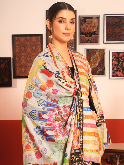 Pashmoda Women Naqshkaar Fabric Kalamkari Embroidered Shawl (Size: 101x203 CM)