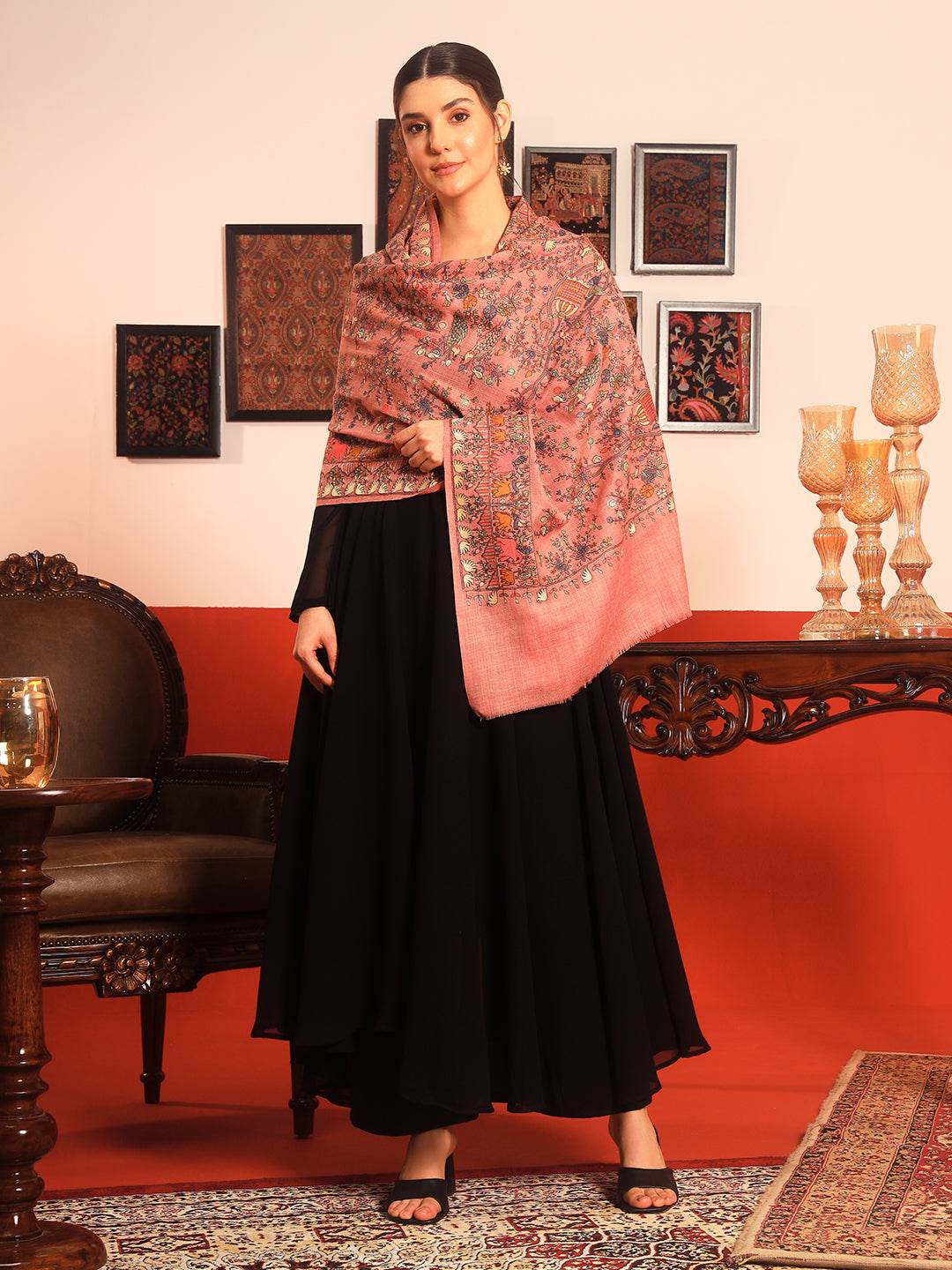 Pashmoda Women Naqsh 100% Pure Wool Sozni Hand Embroidered Stole (Size: 71x203cm)