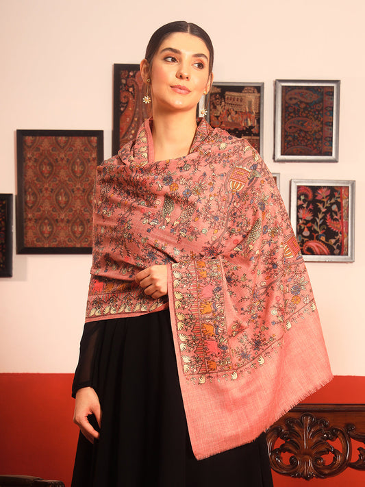 Pashmoda Women Naqsh 100% Pure Wool Sozni Hand Embroidered Stole (Size: 71x203cm)