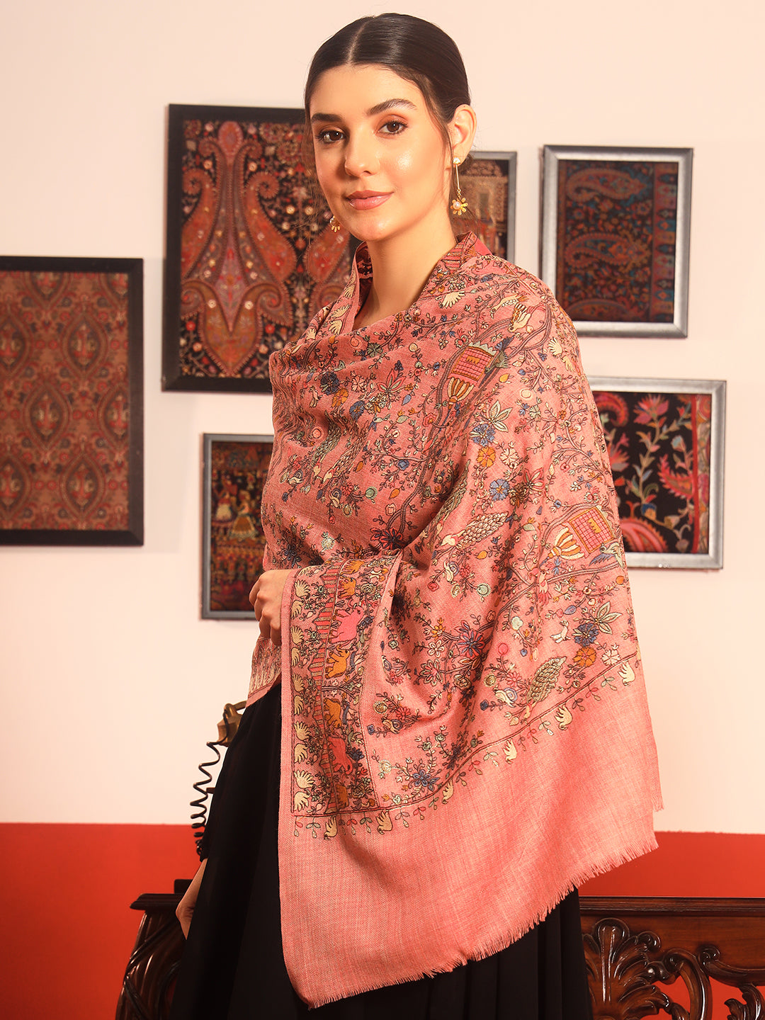 Pashmoda Women Naqsh 100% Pure Wool Sozni Hand Embroidered Stole (Size: 71x203cm)