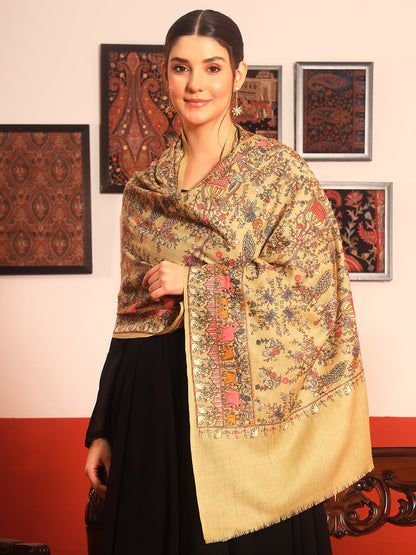 Pashmoda Women Naqsh 100% Pure Wool Sozni Hand Embroidered Stole (Size: 71x203cm)