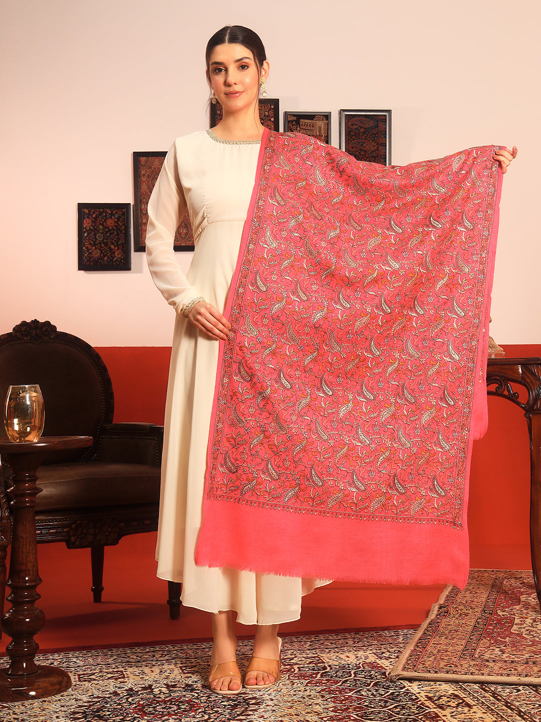 Pashmoda Womenƒ??s 100% Pure Wool Sozni Hand Embroidered Stole (Size: 71x203 cm)
