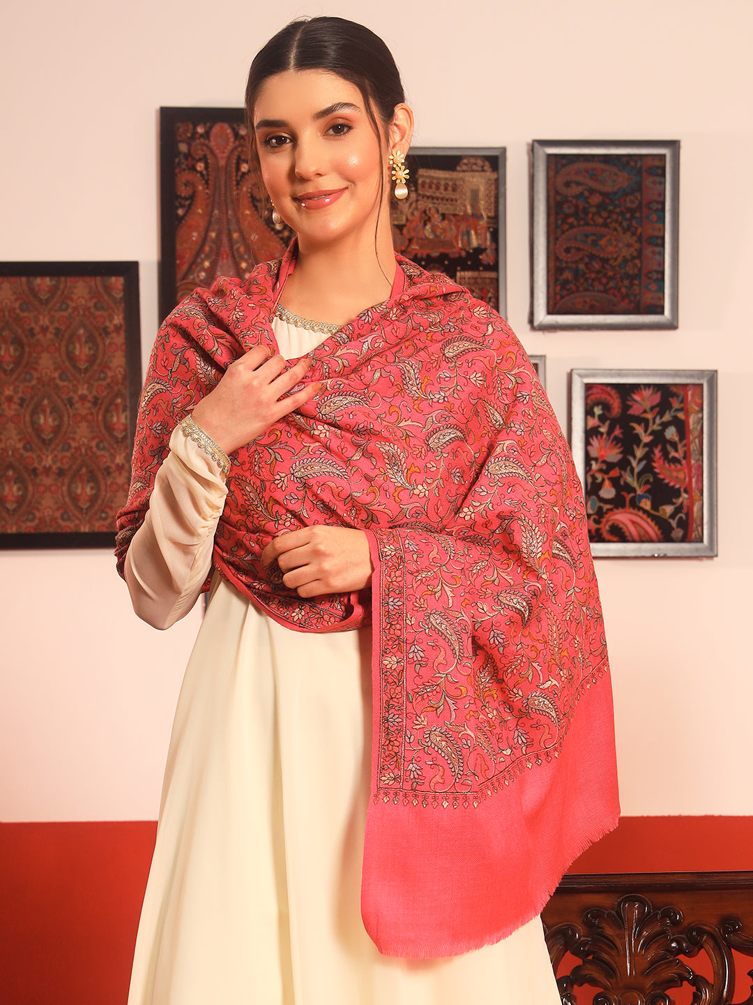 Pashmoda Womenƒ??s 100% Pure Wool Sozni Hand Embroidered Stole (Size: 71x203 cm)