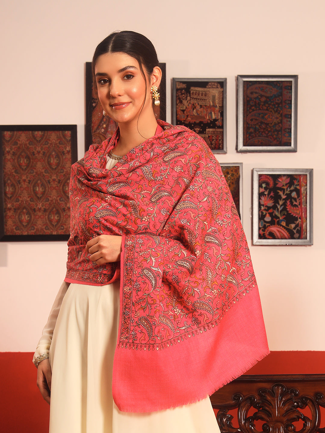 Pashmoda Womenƒ??s 100% Pure Wool Sozni Hand Embroidered Stole (Size: 71x203 cm)