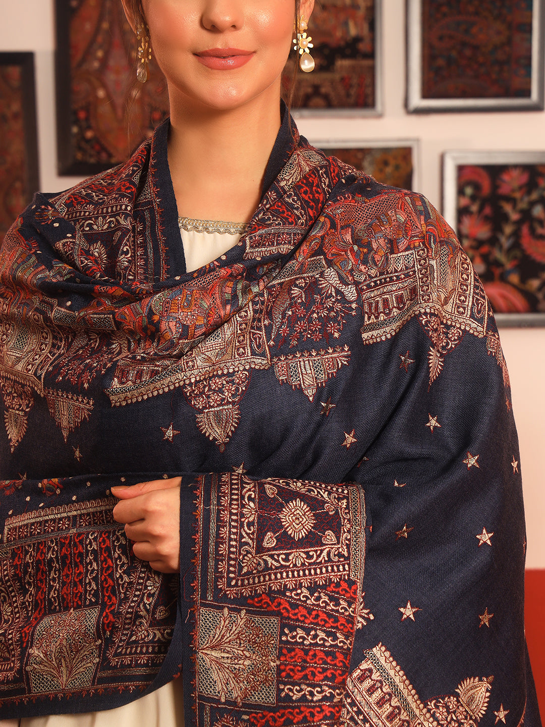 Pashmoda Women Zavian 100% Pure Wool Sozni Hand Embroidered Shawl (Size: 101x203 Cm)