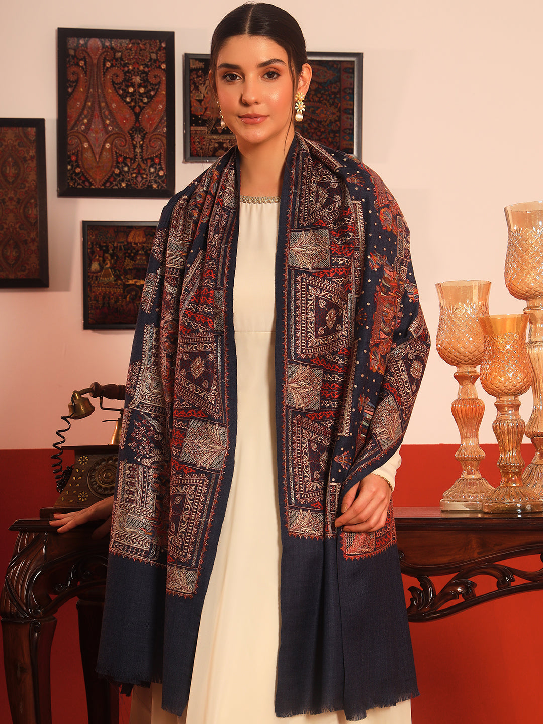 Pashmoda Women Zavian 100% Pure Wool Sozni Hand Embroidered Shawl (Size: 101x203 Cm)