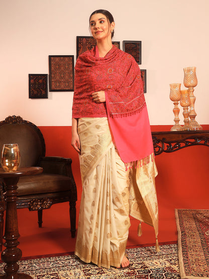 Pashmoda Women Hunar Fine Wool Nalki Embroidered Stole (Size : 71X203 CM)