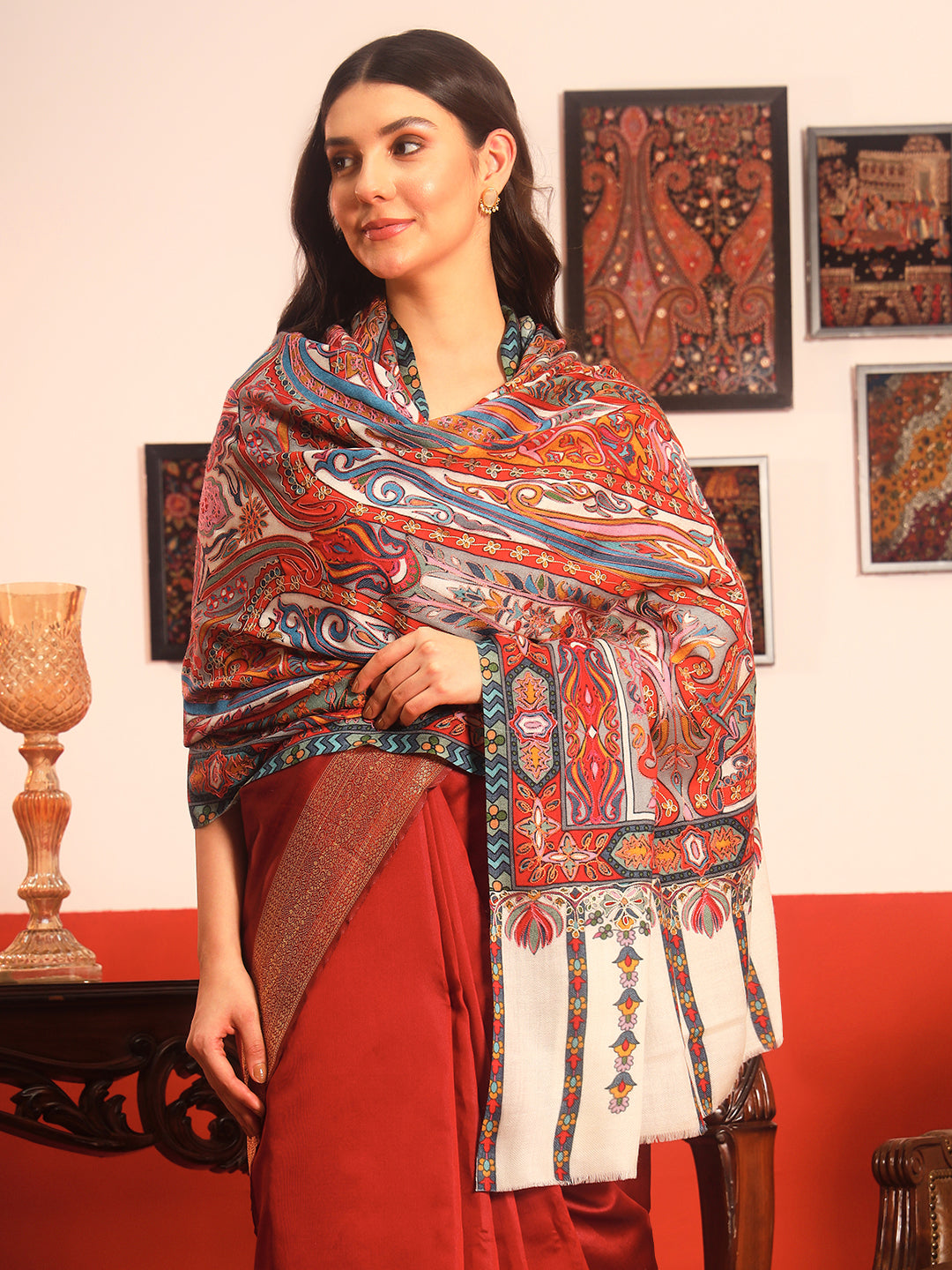 Pashmoda Women Rangrez Rangkalam  100% Pure Wool Fabric Kalamkari Embroidered Shawl (Size:101x203 cm)