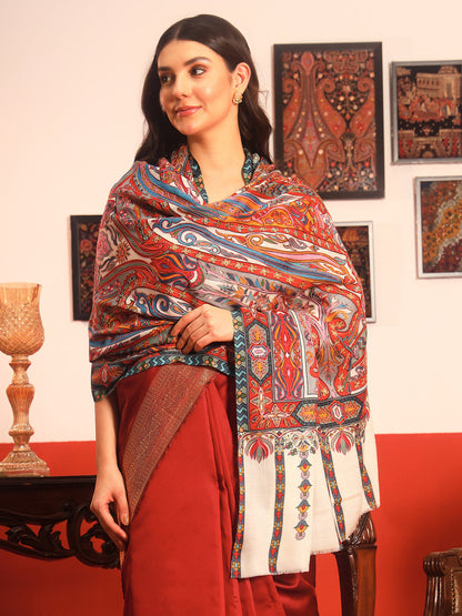 Pashmoda Women Rangrez Rangkalam  100% Pure Wool Fabric Kalamkari Embroidered Shawl (Size:101x203 cm)