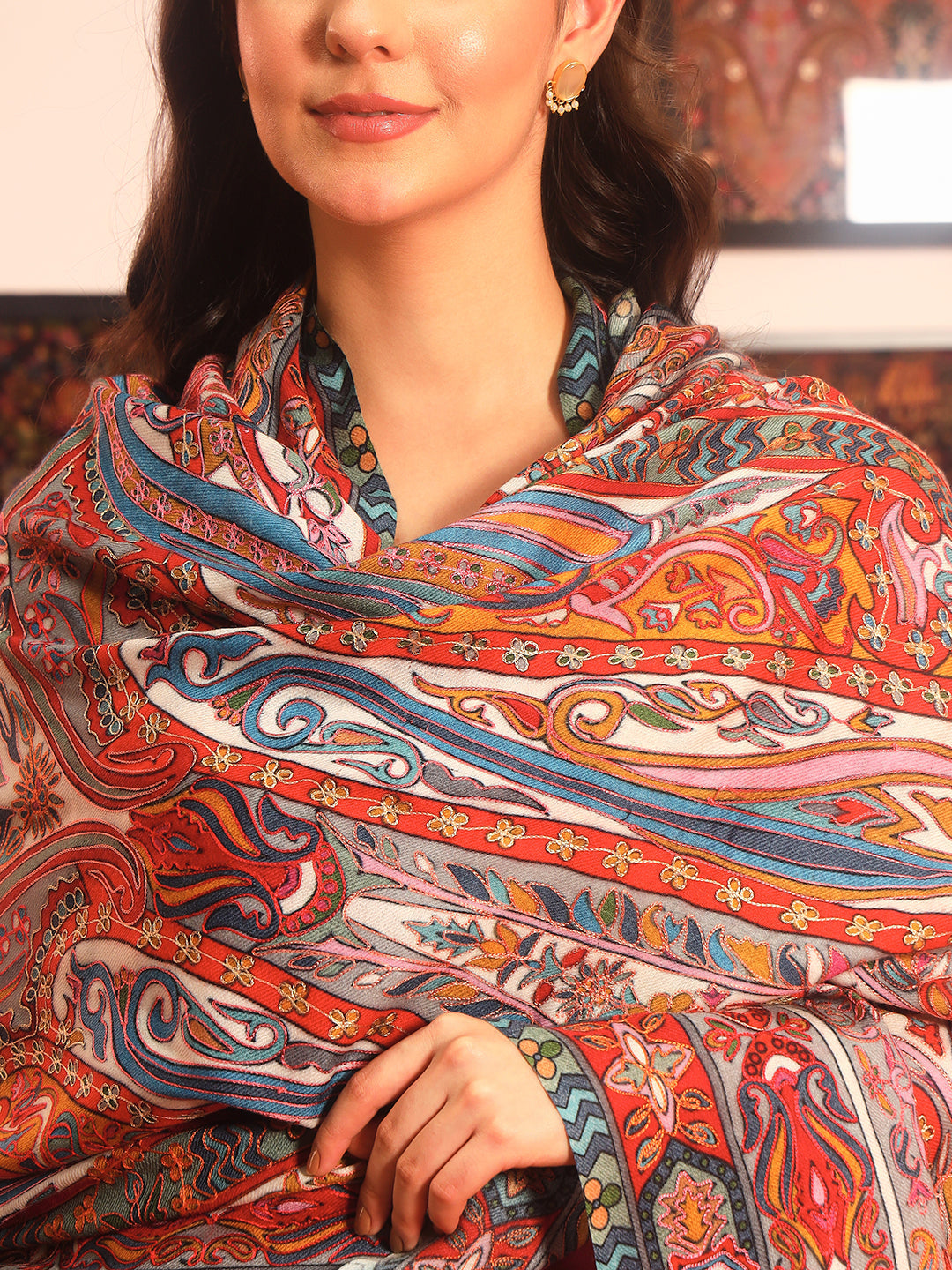 Pashmoda Women Rangrez Rangkalam  100% Pure Wool Fabric Kalamkari Embroidered Shawl (Size:101x203 cm)