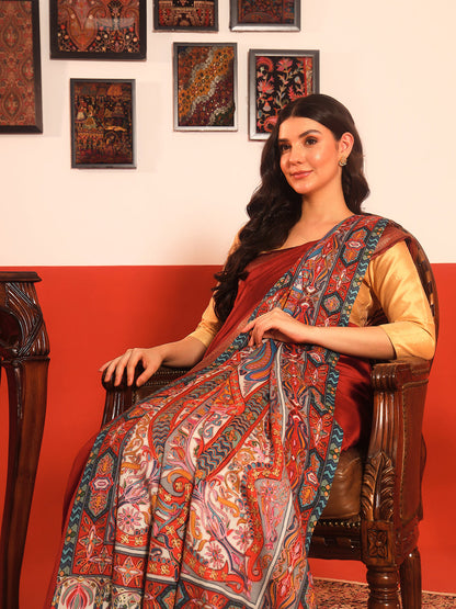 Pashmoda Women Rangrez Rangkalam  100% Pure Wool Fabric Kalamkari Embroidered Shawl (Size:101x203 cm)