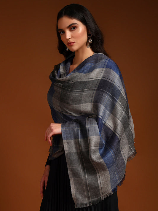 Women 100% Pure Wool Checkered Stole, Sustainable and Natural Fabric (Size 71x203 CM)