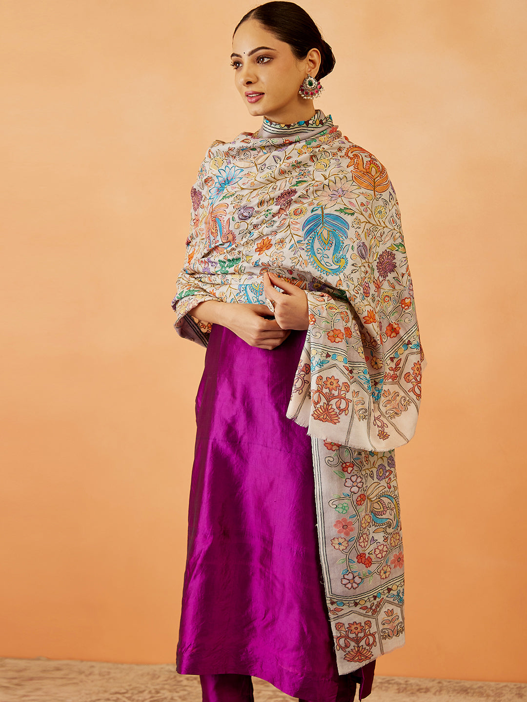 Women Afsha Kalamkari Embroidered Shawl (Size: 101x203 CM)