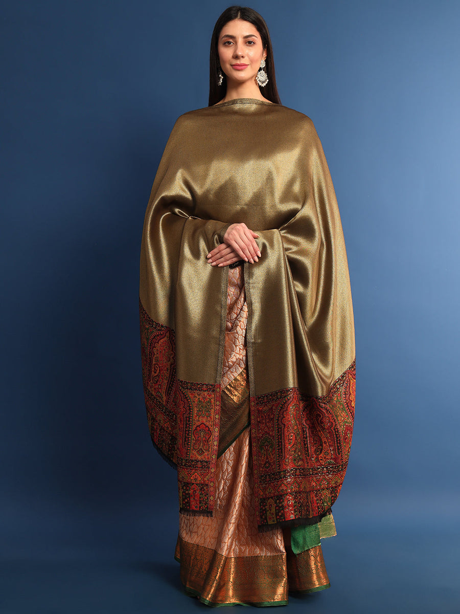 Pashmoda Women Mehroom Zari Kaani Border Fine Wool Shawl (Size 101 × 203 cm)