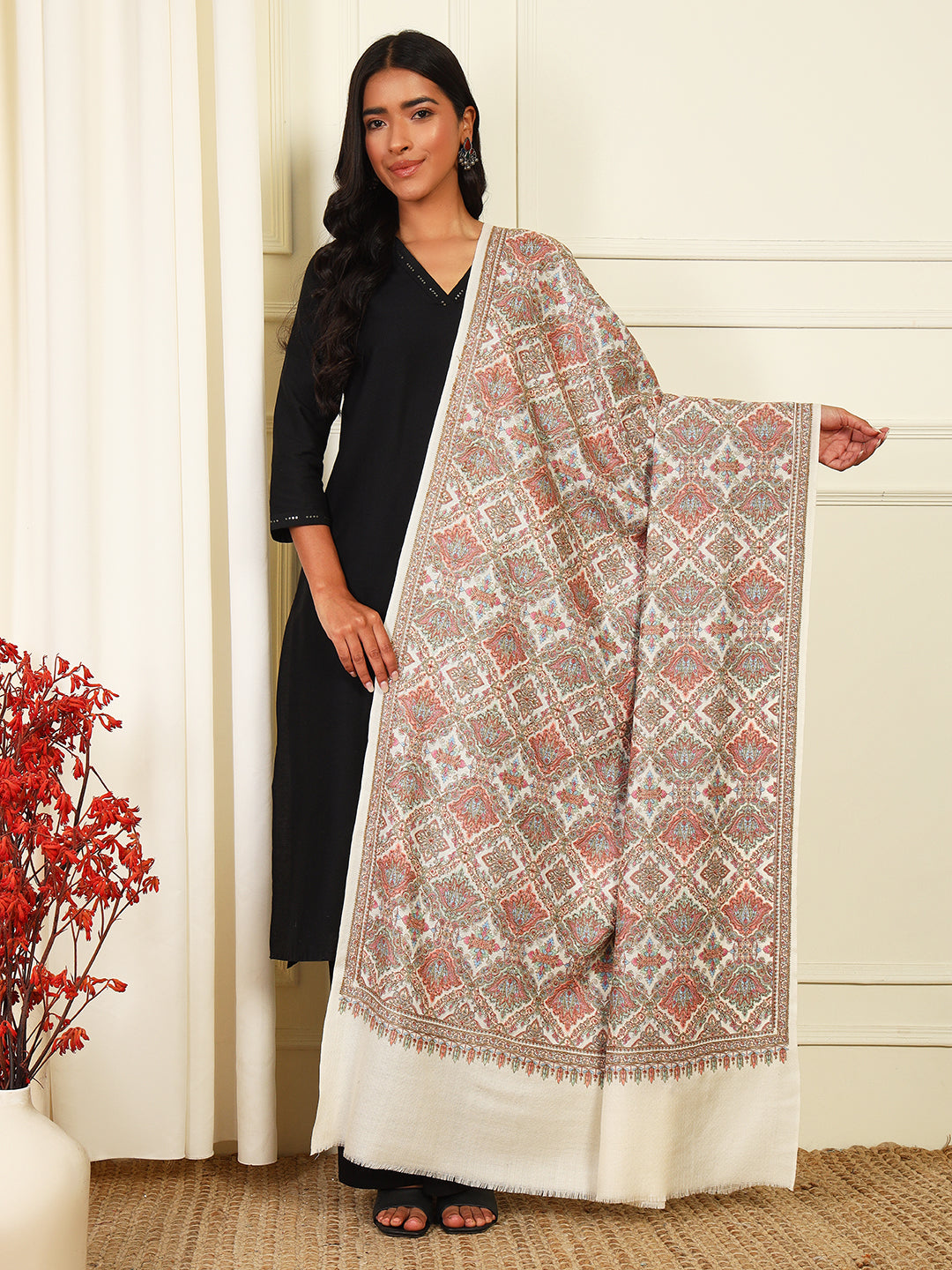 Pashmoda Womenƒ??s Zaira 100% Fine Wool Sozni Hand Embroidered Shawl (Size: 101x203 Cm)