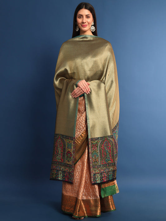 Pashmoda Women Mehroom Zari Kaani Border Fine Wool Shawl (Size 40X80 Inches)