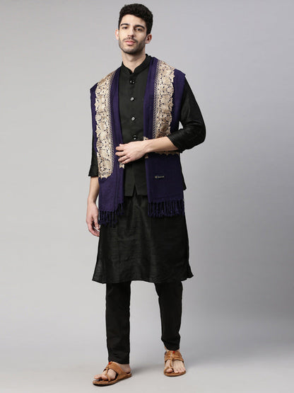 Men Zarbaft  Aari Embroidered Stole (Size : 71X203 CM, Navyblue Color)
