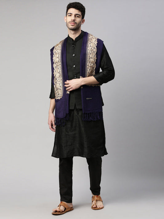 Men Zarbaft  Aari Embroidered Stole (Size : 71X203 CM, Navyblue Color)