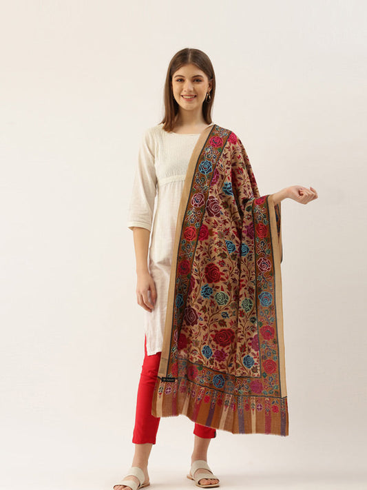 Women's Gul-E-Mehar 100% Pure Wool Kalamkari Hand Embroidered Stole (Size : 71X203 CM)