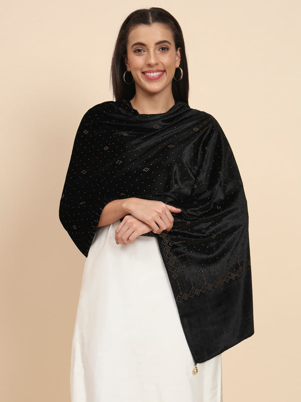 Womenƒ??s Makhamli Velvet Crystal Embellished Stole (Size 71X203 cms )