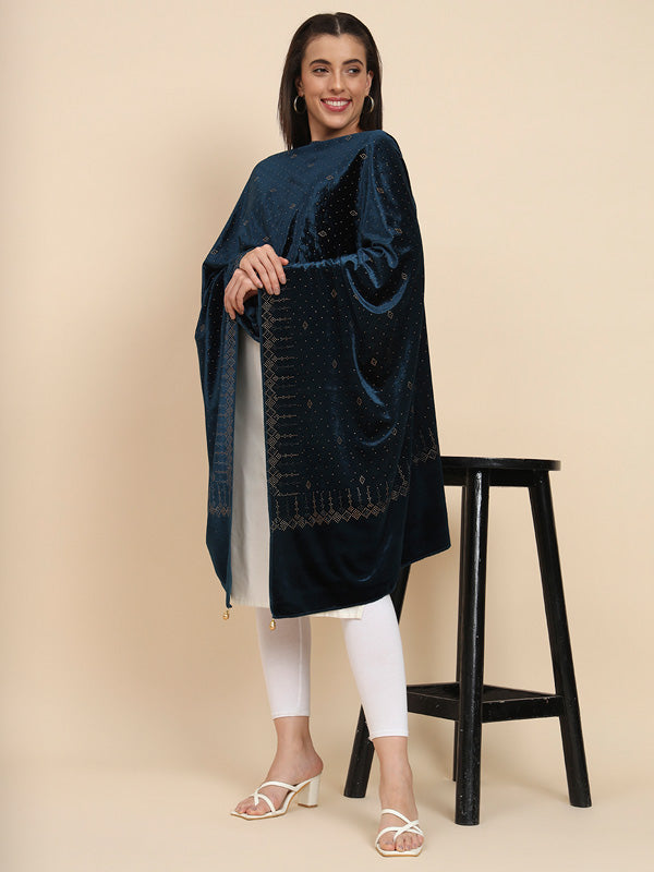 Womenƒ??s Makhamli Velvet Crystal Embellished Stole (Size 71X203 cms )