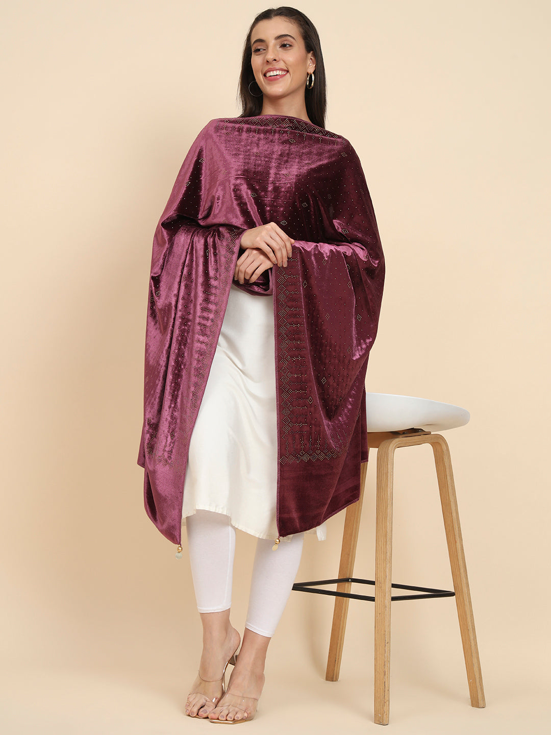 Womenƒ??s Makhamli Velvet Crystal Embellished Stole (Size 71X203 cms )