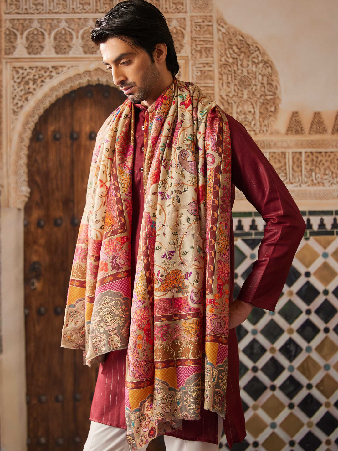 Pashmoda Men Kalamkari Embroidered Shawl (Size 101x203 Cm)