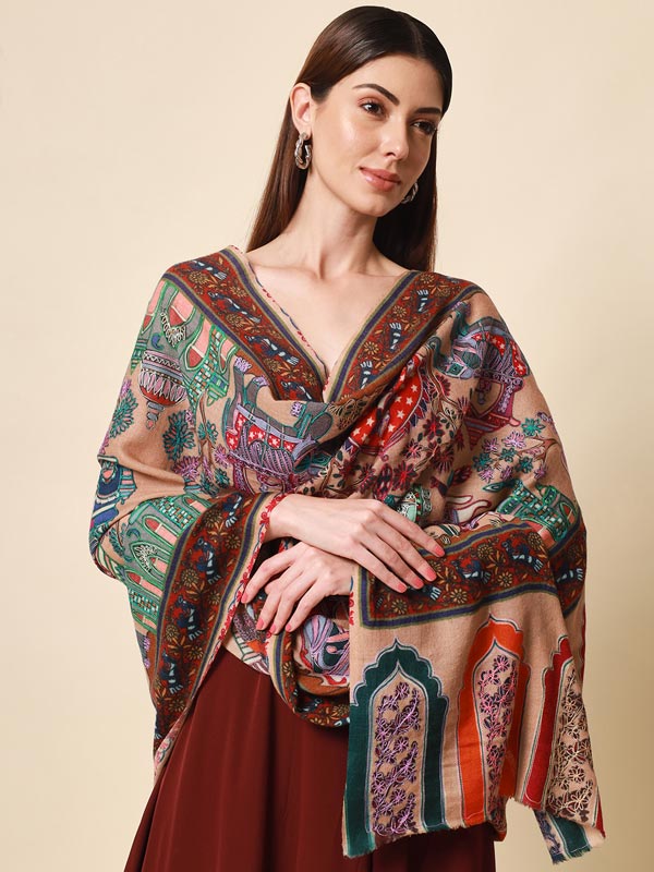 Women's Noor 100% Pure Wool  Kalamkari Hand Embroidered Shawl  (Size: 101 X 203 Cms)