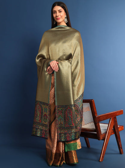Pashmoda Women Mehroom Zari Kaani Border Fine Wool Shawl (Size 40X80 Inches)