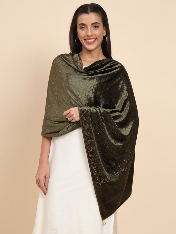 Womenƒ??s Makhamli Velvet Crystal Embellished Stole (Size 71X203 cms )