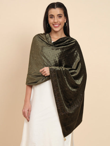 Womenƒ??s Makhamli Velvet Crystal Embellished Stole (Size 71X203 cms )