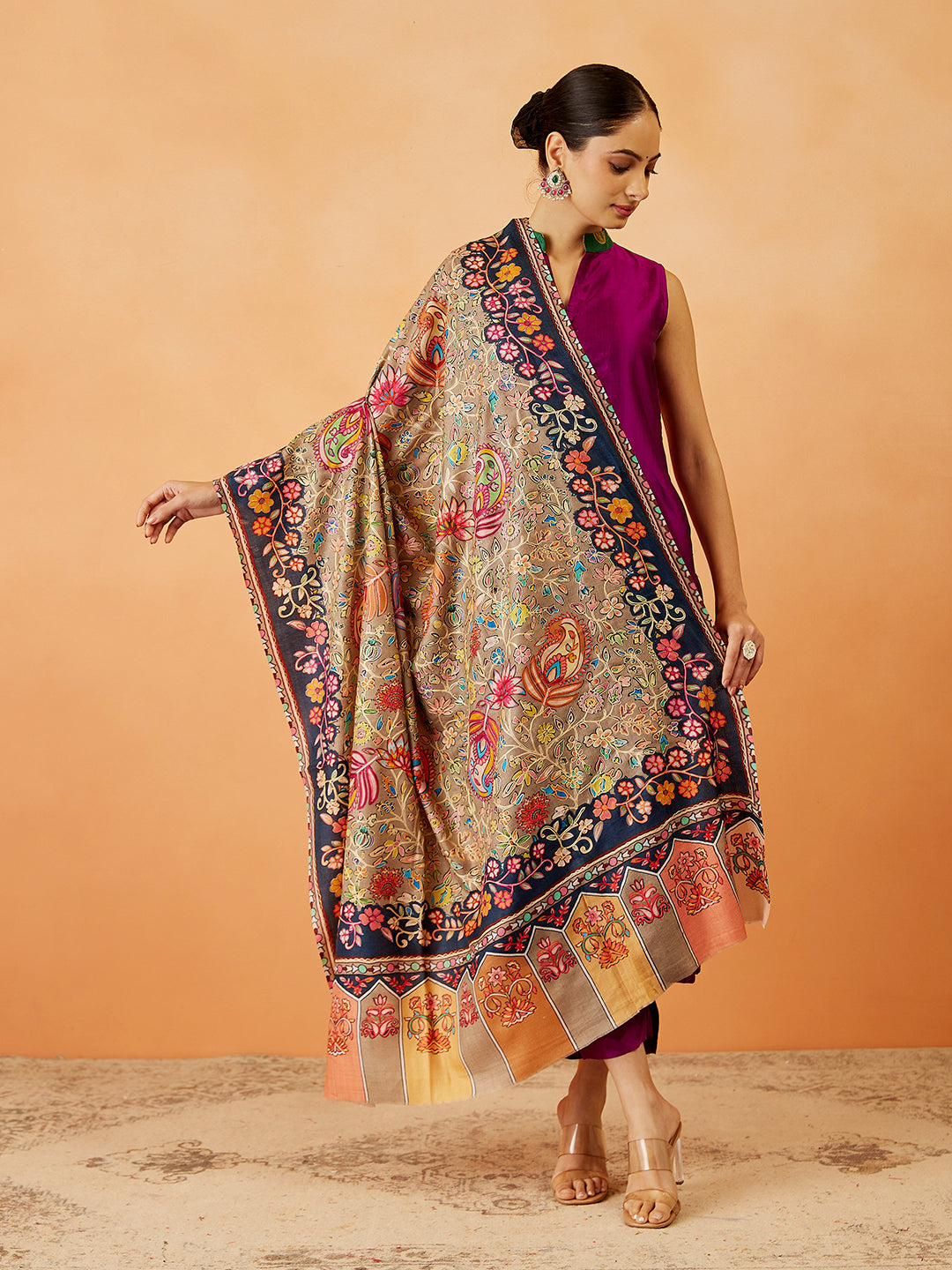 Women Afsha Kalamkari Embroidered Shawl (Size: 101x203 CM)