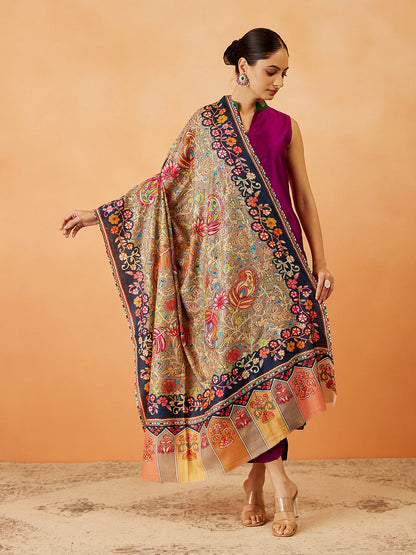Women Afsha Kalamkari Embroidered Shawl (Size: 101x203 CM)