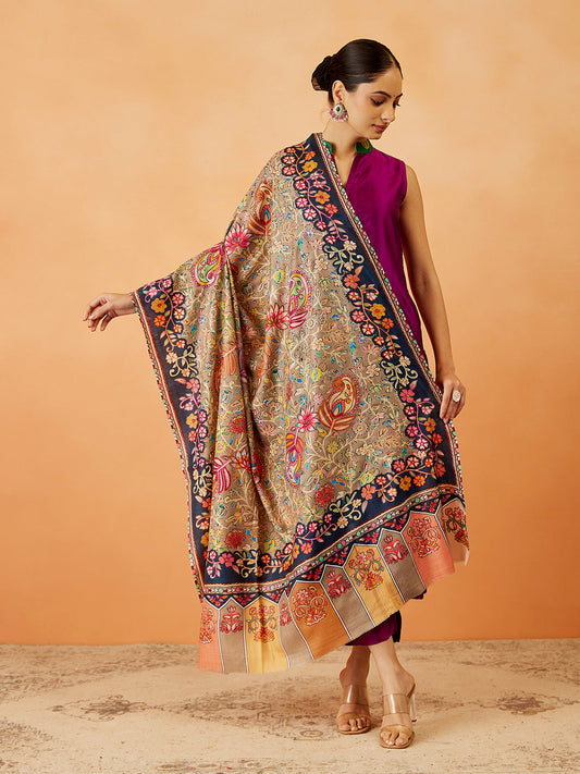 Women Afsha Kalamkari Embroidered Shawl (Size: 101x203 CM)
