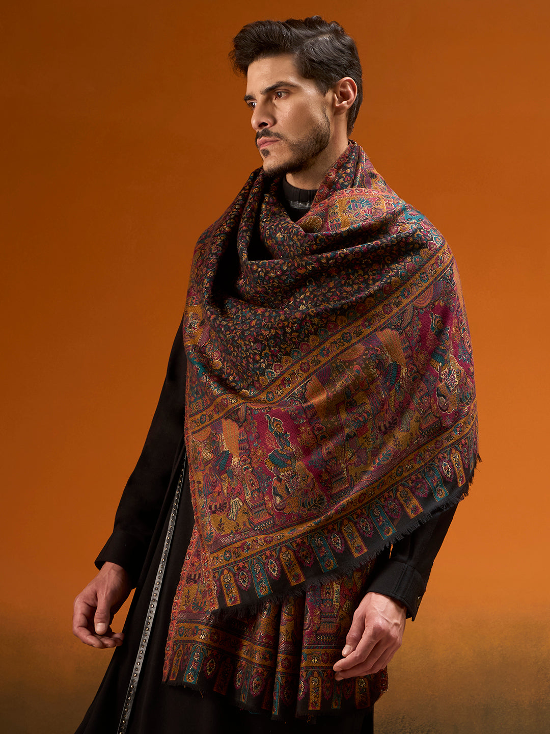 Men Persian Court Fine Wool Kaani Stole (Size: 71 × 203 cm)