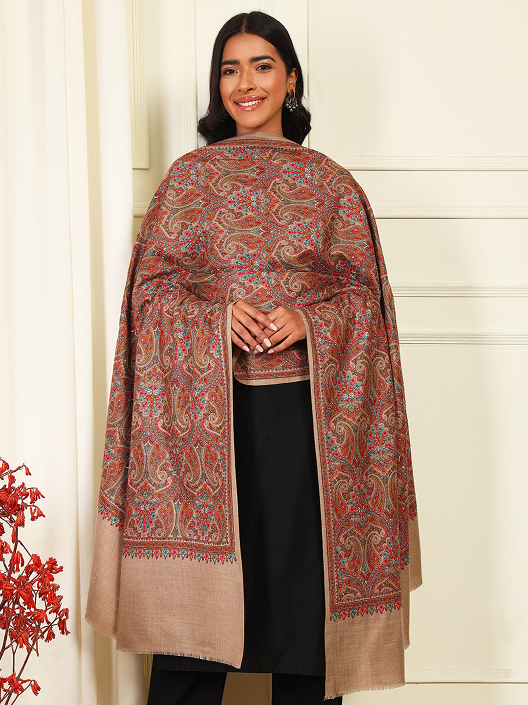 Pashmoda Womenƒ??s Aabroo 100% Fine Wool Sozni Hand Embroidered Shawl (Size: 101x203 Cm)