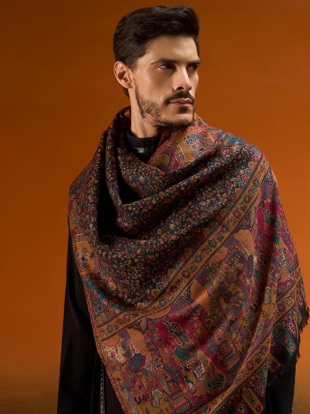 Men Persian Court Fine Wool Kaani Stole (Size: 71 × 203 cm)