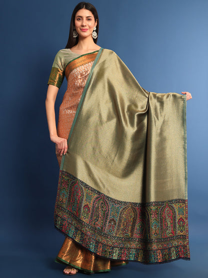 Pashmoda Women Mehroom Zari Kaani Border Fine Wool Shawl (Size 40X80 Inches)
