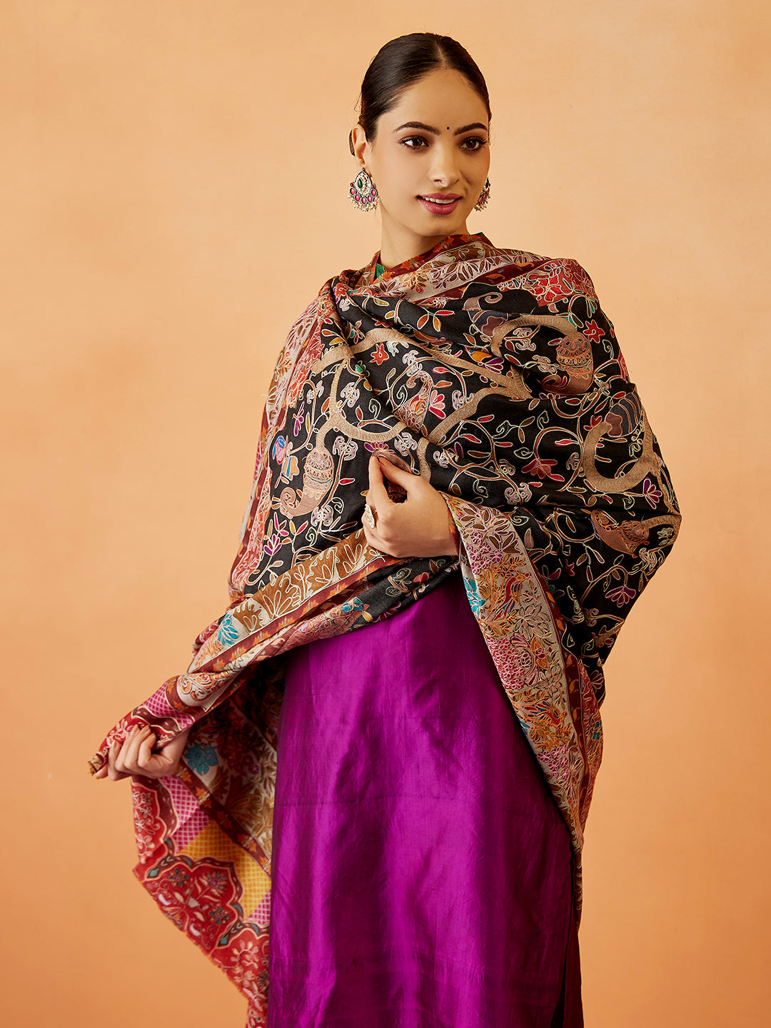 Women Bahaar Kalamkari Embroidered Shawl (Size: 101x203 CM)
