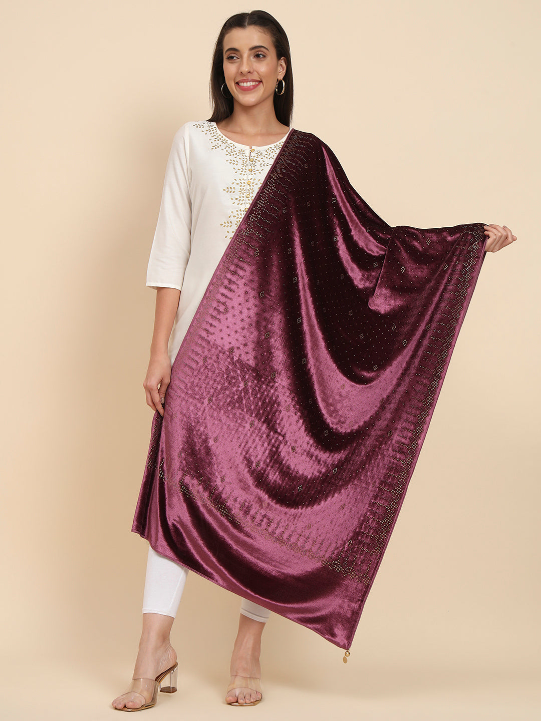 Womenƒ??s Makhamli Velvet Crystal Embellished Stole (Size 71X203 cms )